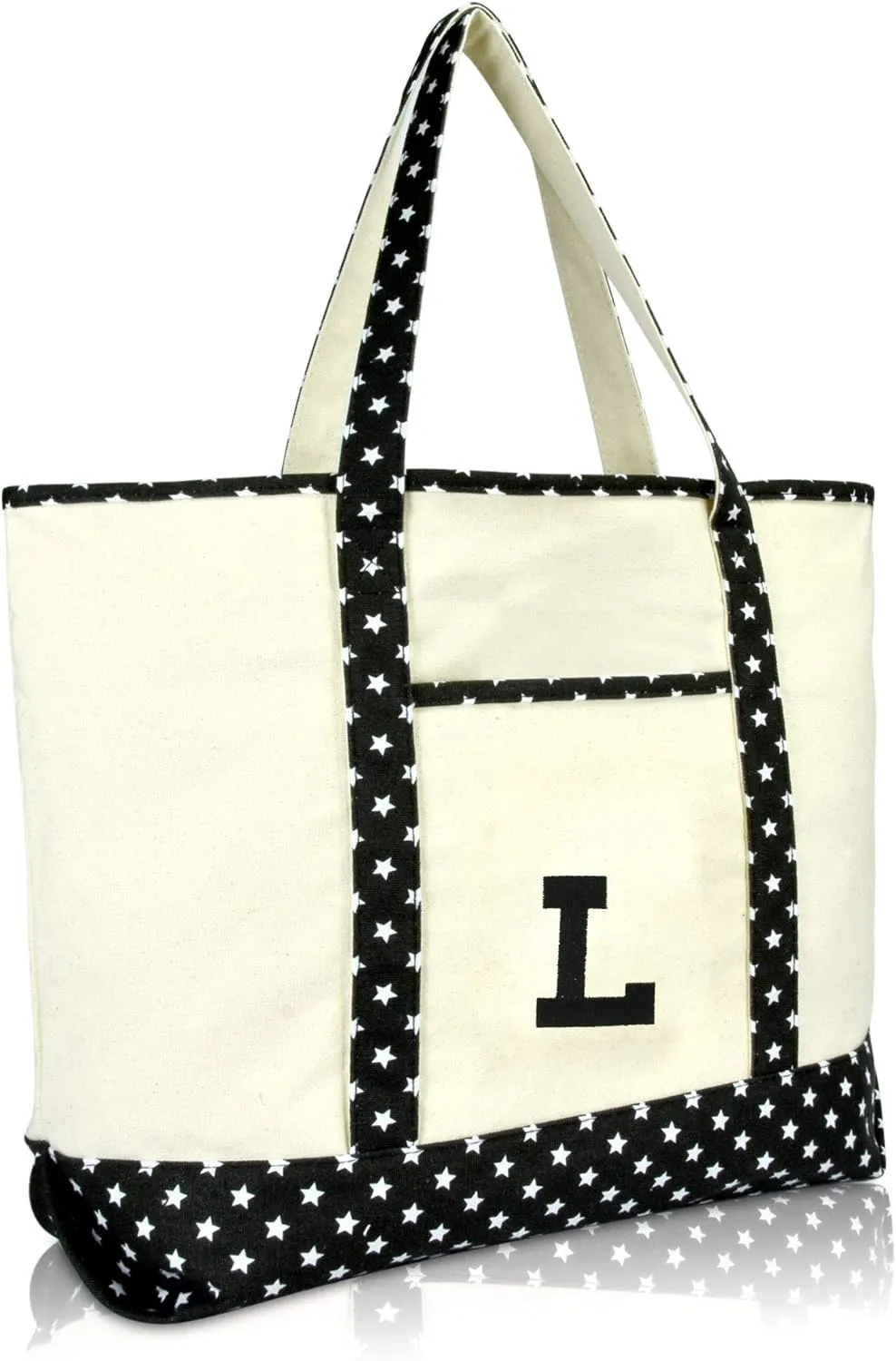 DALIX Initial Tote Bag Personalized Monogram Black Star Zippered Top Letter - L