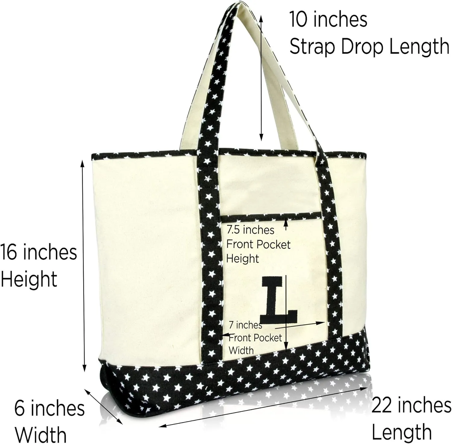 DALIX Initial Tote Bag Personalized Monogram Black Star Zippered Top Letter - L