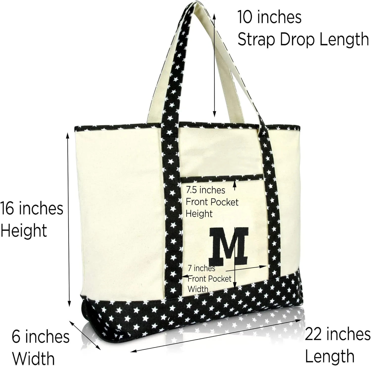 DALIX Initial Tote Bag Personalized Monogram Black Star Zippered Top Letter - M