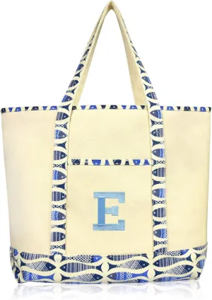 DALIX Initial Tote Bag Personalized Monogram Blue Antique Fish Zippered Top Bold Letter - E