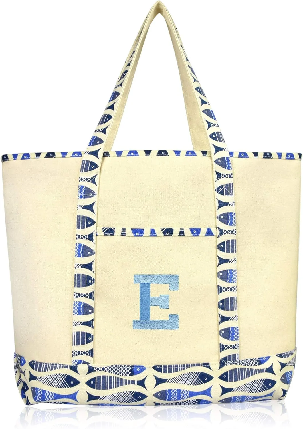 DALIX Initial Tote Bag Personalized Monogram Blue Antique Fish Zippered Top Bold Letter - E