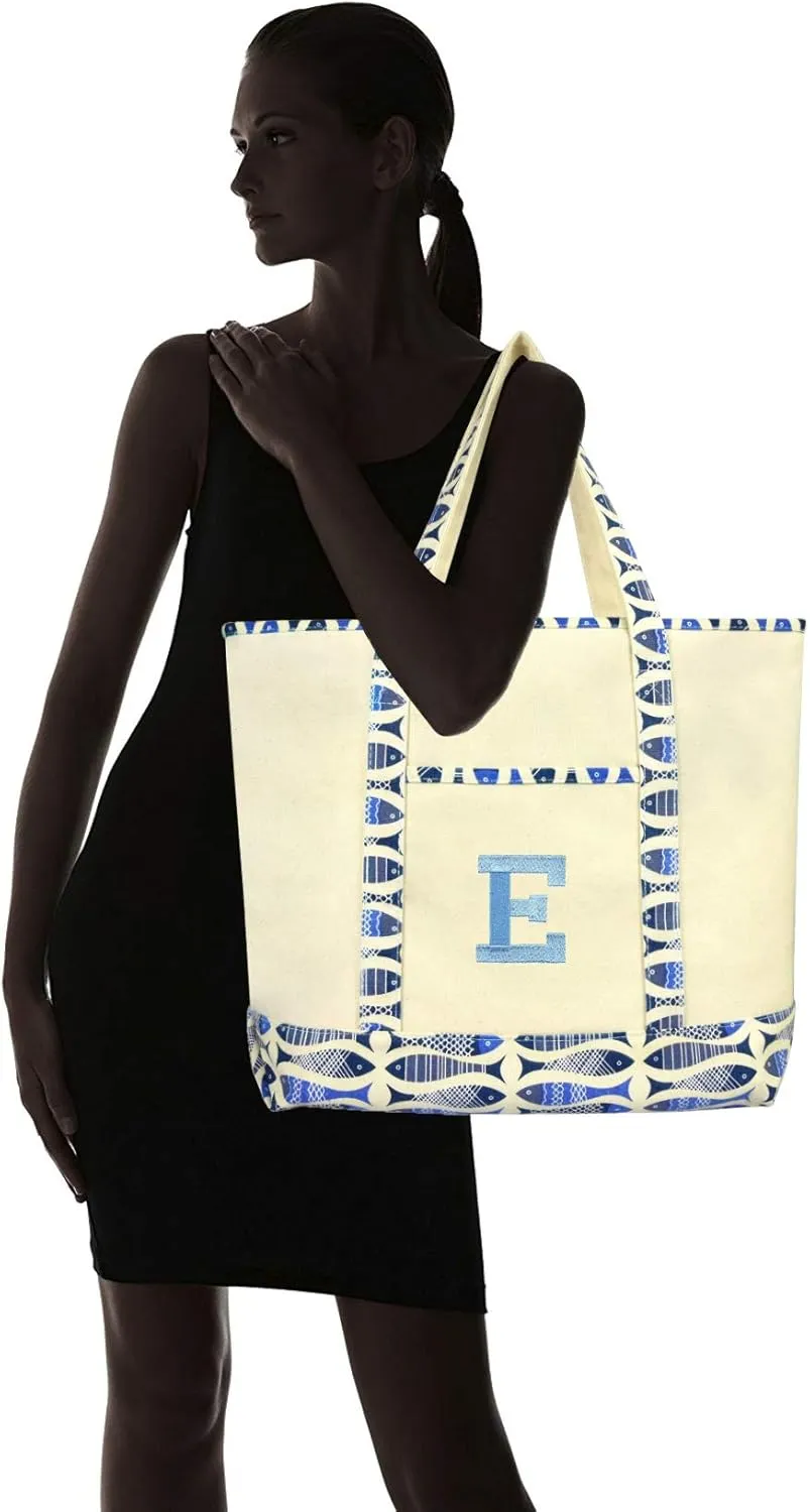 DALIX Initial Tote Bag Personalized Monogram Blue Antique Fish Zippered Top Bold Letter - E