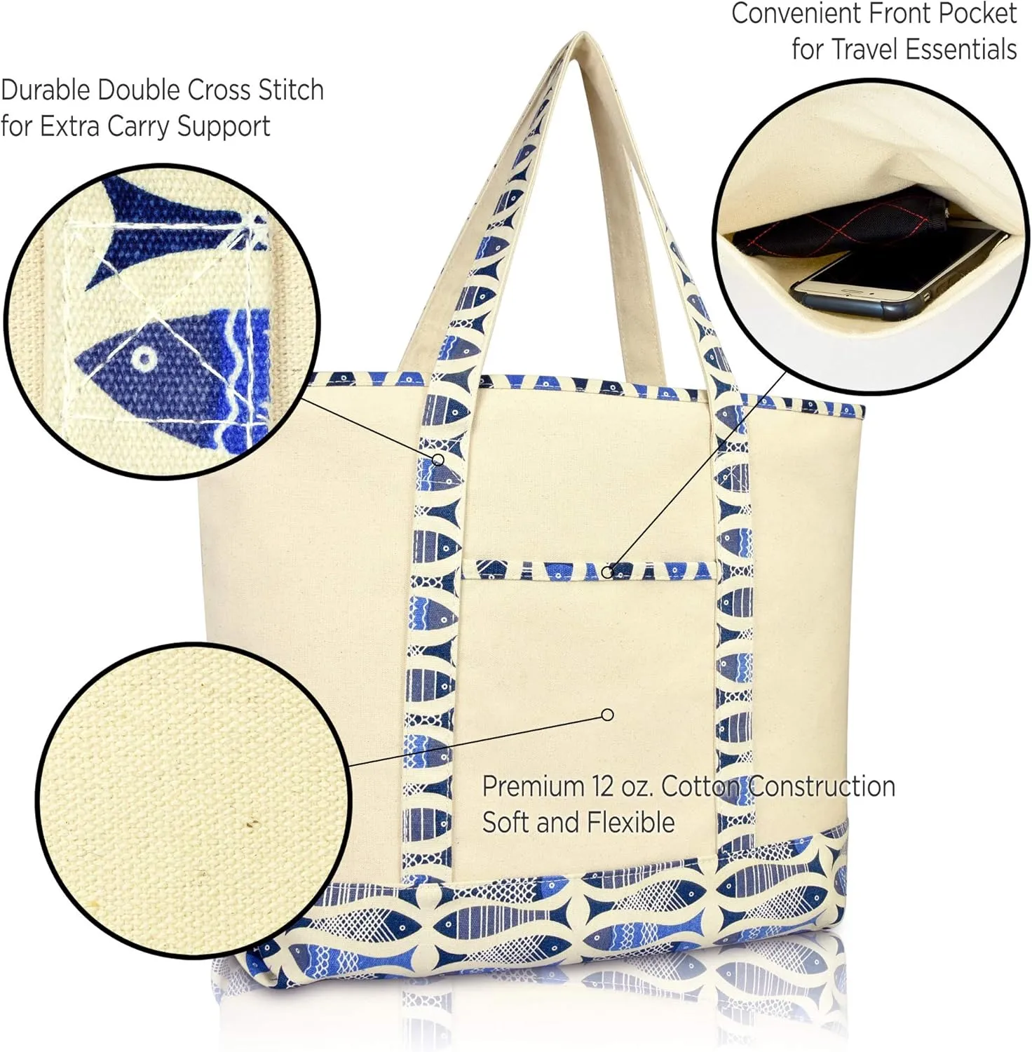DALIX Initial Tote Bag Personalized Monogram Blue Antique Fish Zippered Top Bold Letter - E