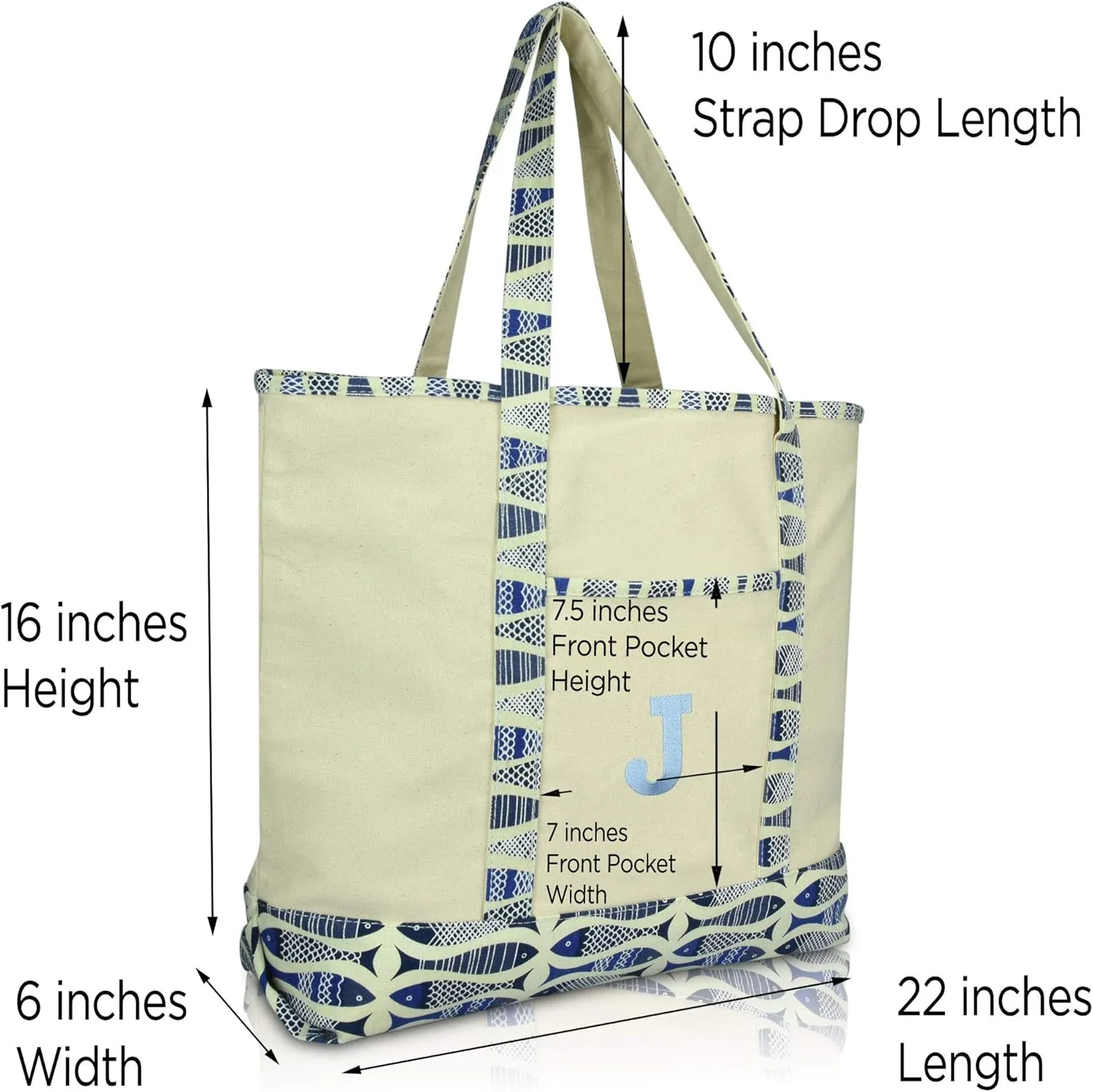 DALIX Initial Tote Bag Personalized Monogram Blue Antique Fish Zippered Top Bold Letter - J