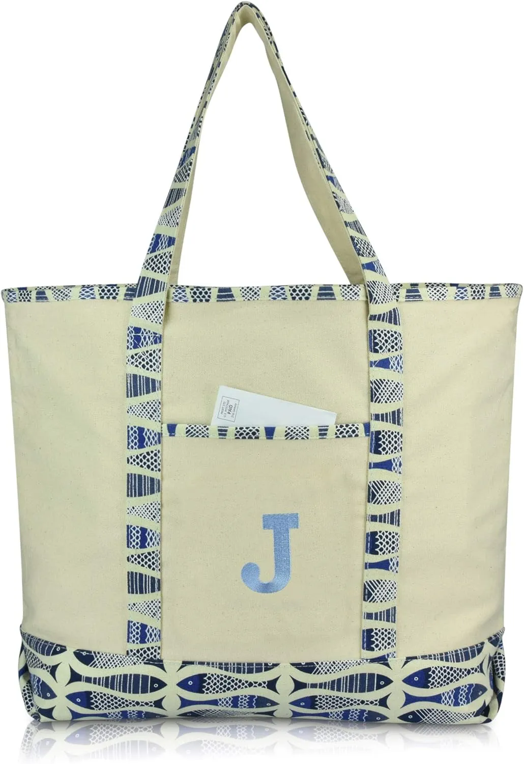 DALIX Initial Tote Bag Personalized Monogram Blue Antique Fish Zippered Top Bold Letter - J