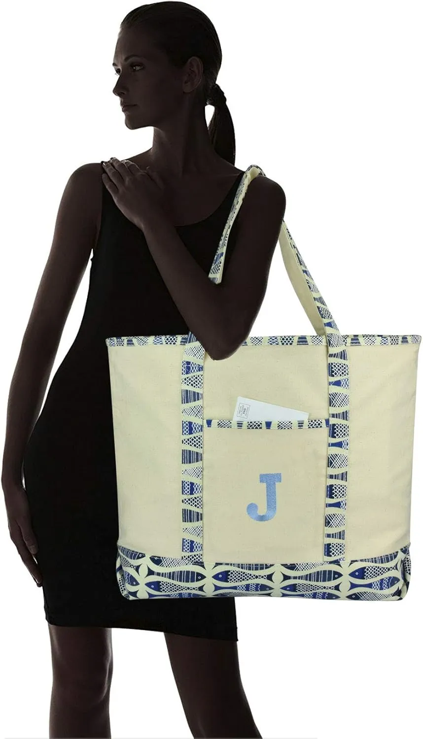 DALIX Initial Tote Bag Personalized Monogram Blue Antique Fish Zippered Top Bold Letter - J