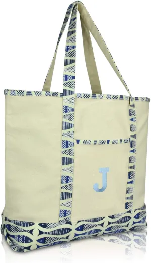 DALIX Initial Tote Bag Personalized Monogram Blue Antique Fish Zippered Top Bold Letter - J