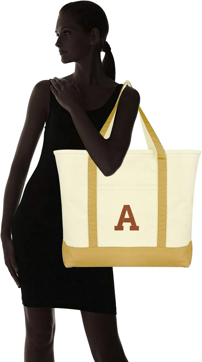 DALIX Initial Tote Bag Personalized Monogram Brown Zippered Top Bold Letter - A