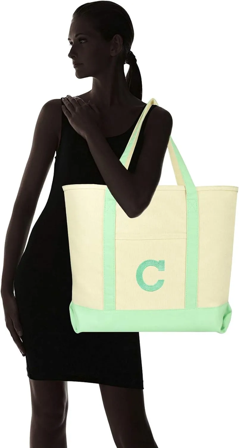 DALIX Initial Tote Bag Personalized Monogram Mint Green Zippered Top Letter - C