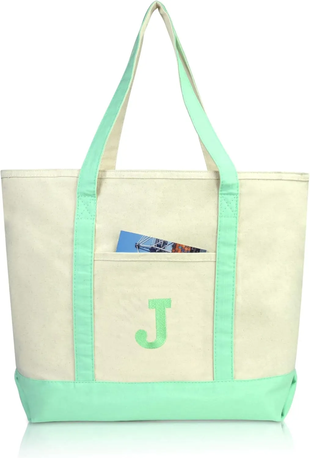 DALIX Initial Tote Bag Personalized Monogram Mint Green Zippered Top Letter - J