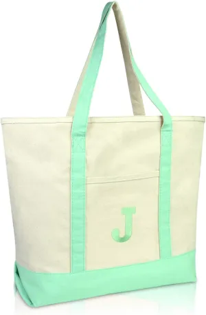 DALIX Initial Tote Bag Personalized Monogram Mint Green Zippered Top Letter - J