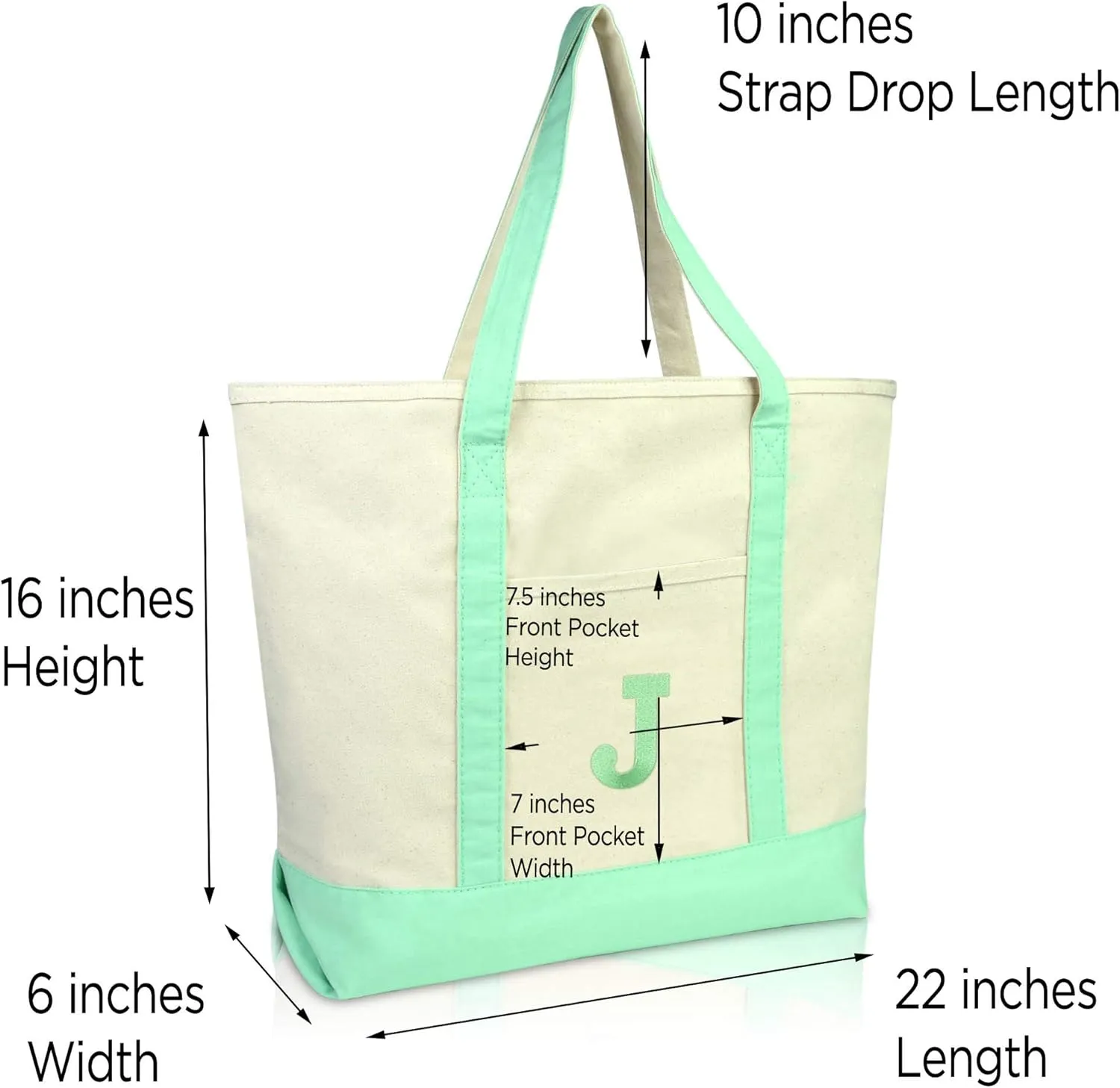 DALIX Initial Tote Bag Personalized Monogram Mint Green Zippered Top Letter - J