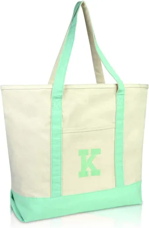 DALIX Initial Tote Bag Personalized Monogram Mint Green Zippered Top Letter - K