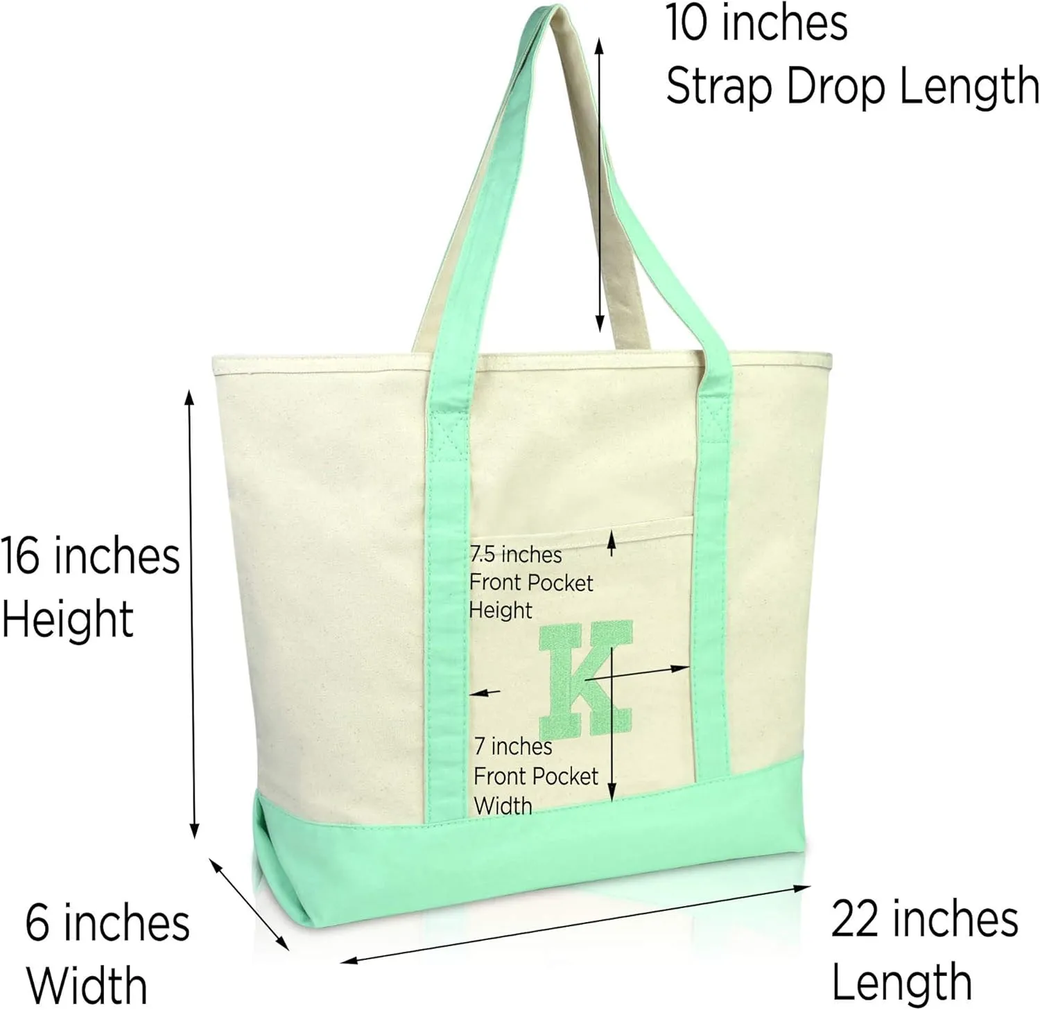 DALIX Initial Tote Bag Personalized Monogram Mint Green Zippered Top Letter - K