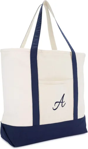 DALIX Monogram Tote Bag Personalized Navy Blue Initial A-Z