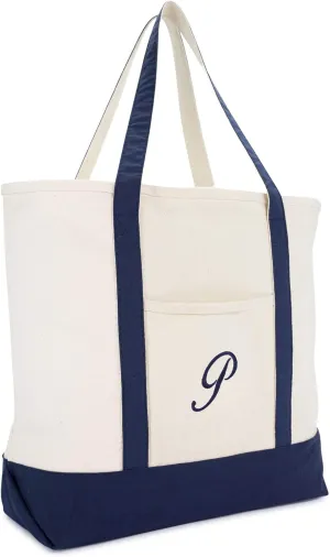 DALIX Monogram Tote Bag Personalized Navy Blue Initial A-Z