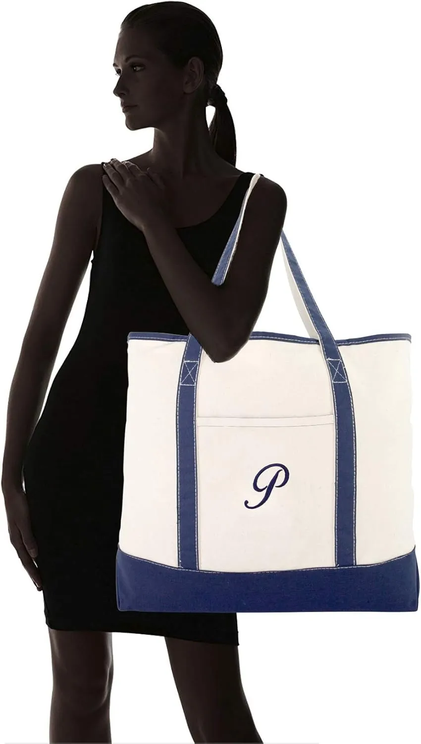 DALIX Monogram Tote Bag Personalized Navy Blue Initial A-Z