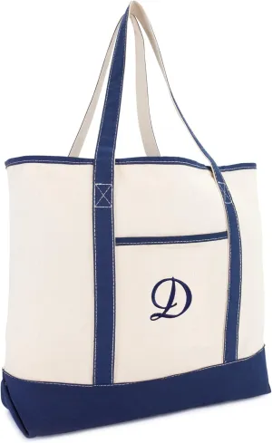 DALIX Personalized Tote Bag For Women Monogram Initial Open Top Navy Blue A-Z