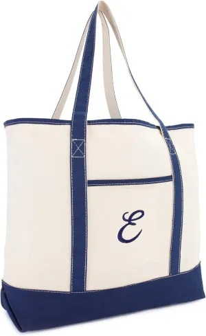 DALIX Personalized Tote Bag For Women Monogram Initial Open Top Navy Blue A-Z