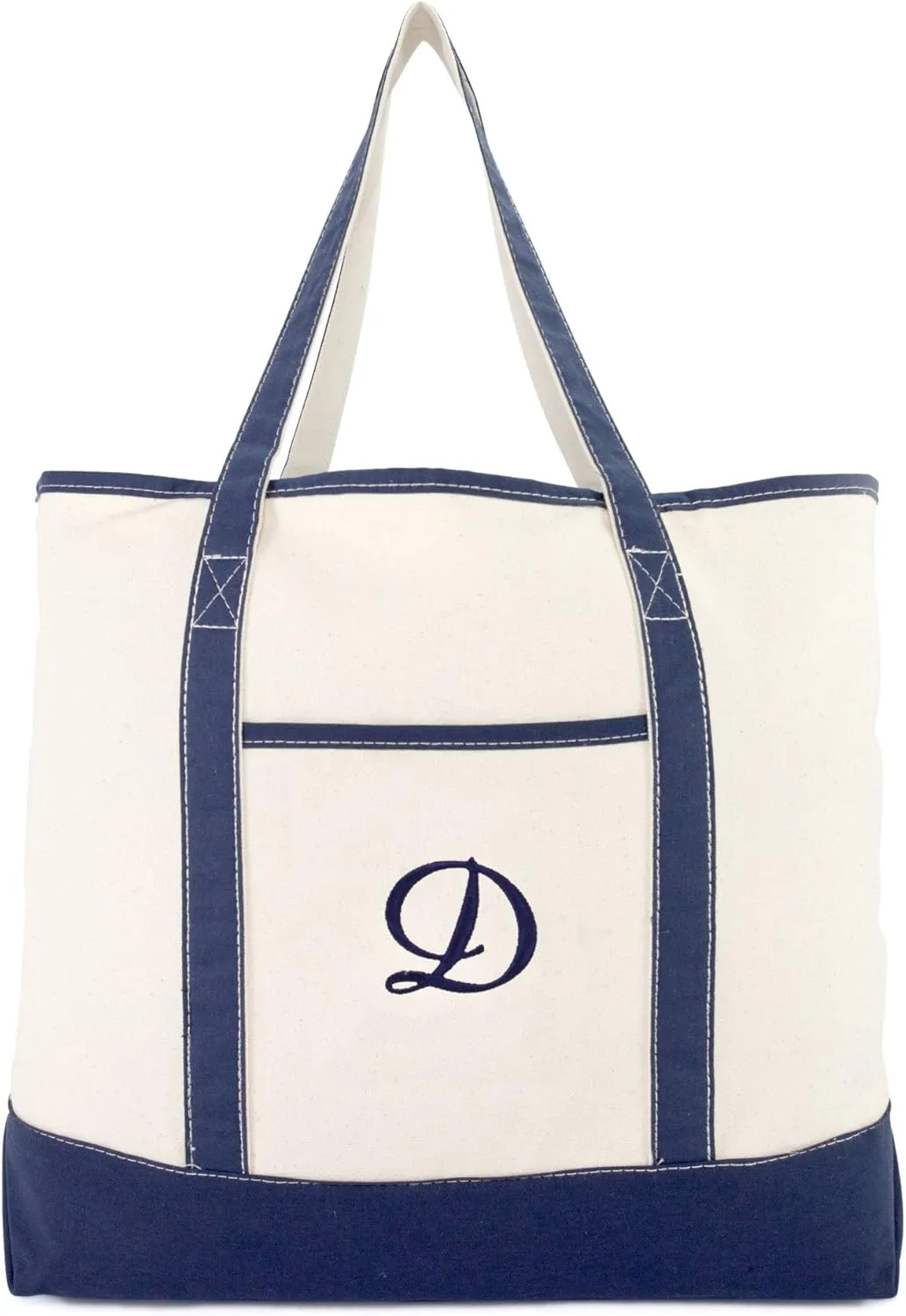 DALIX Personalized Tote Bag For Women Monogram Initial Open Top Navy Blue A-Z