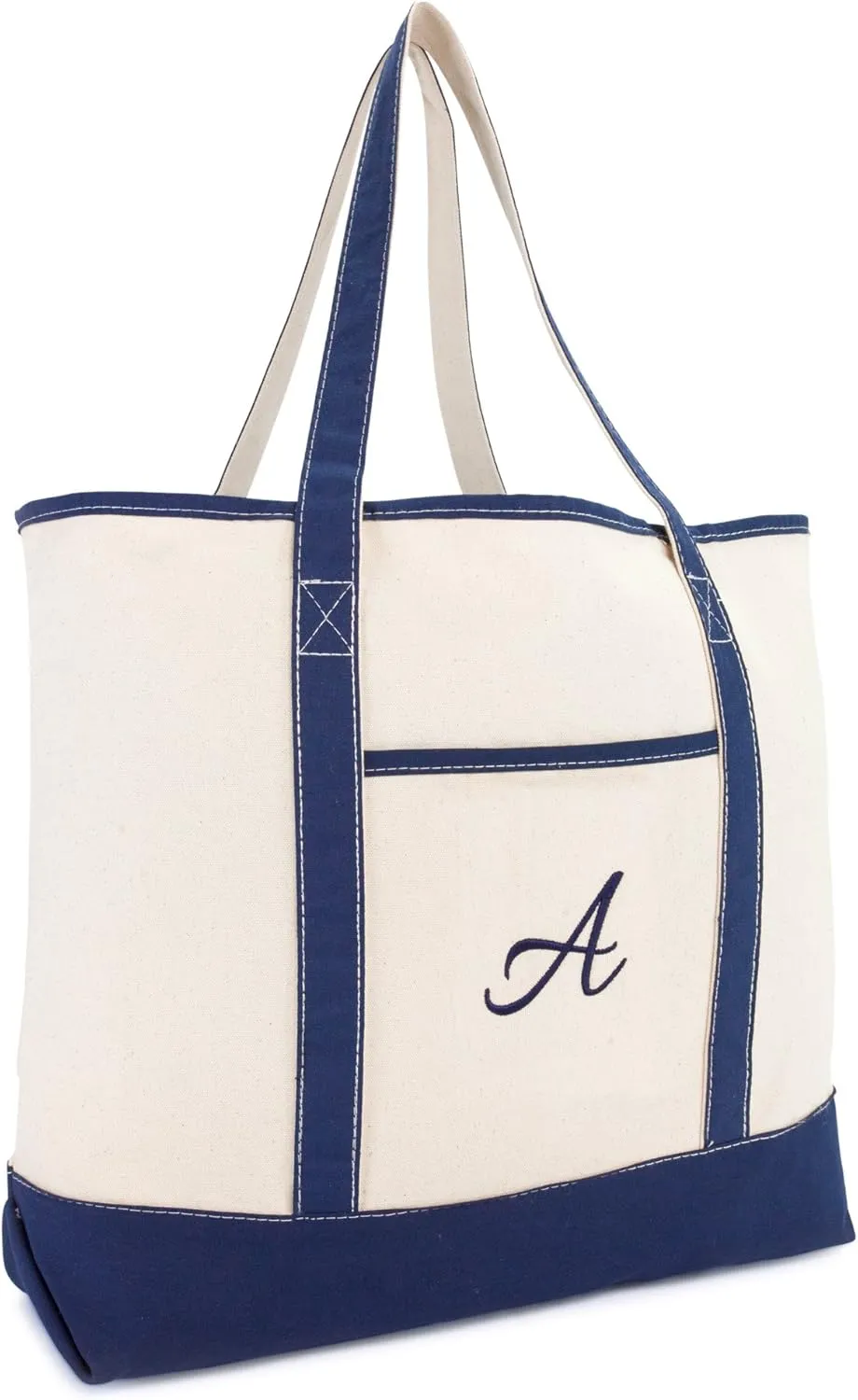 DALIX Personalized Tote Bag For Women Monogram Initial Open Top Navy Blue A-Z