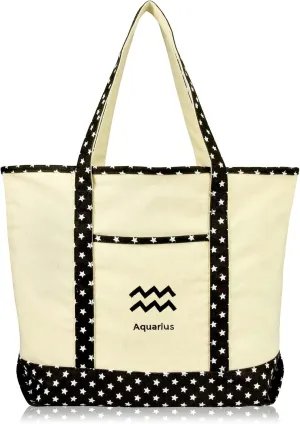 DALIX Zodiac Sign Shopping Tote Bag Black Star Horoscope Gifts - Aquarius