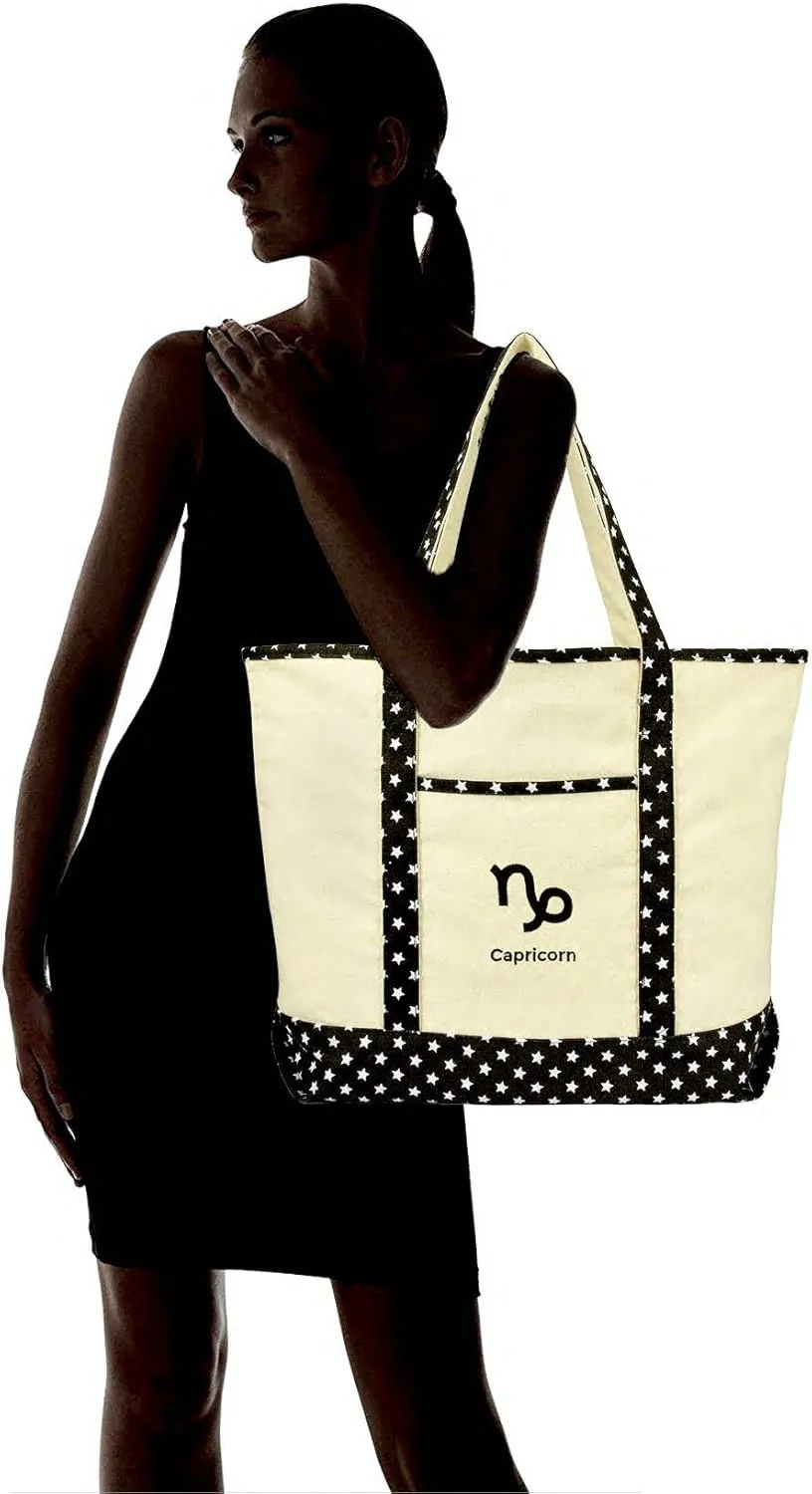 DALIX Zodiac Sign Shopping Tote Bag Black Star Horoscope Gifts - Capricorn