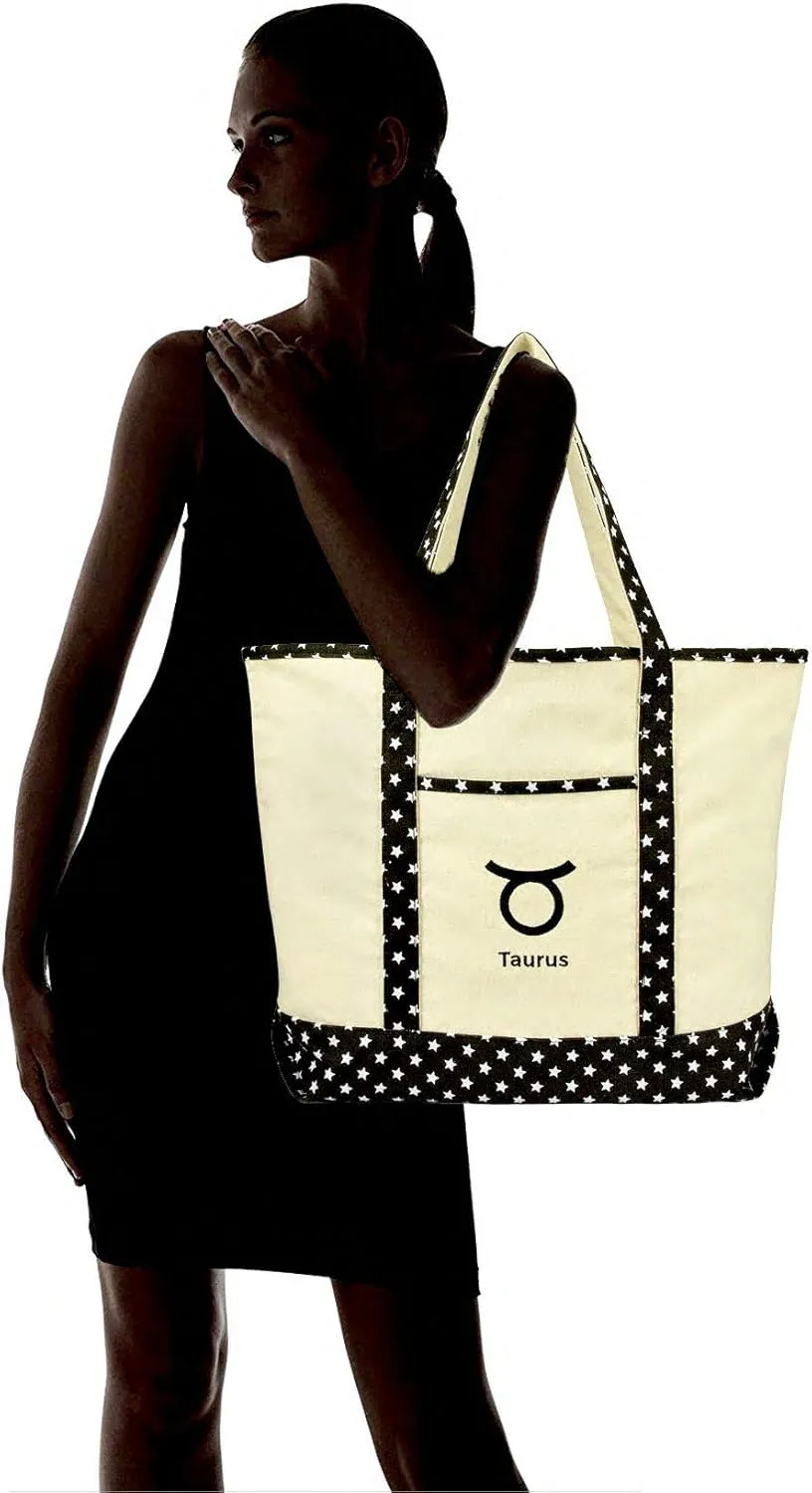 DALIX Zodiac Sign Shopping Tote Bag Black Star Horoscope Gifts - Taurus