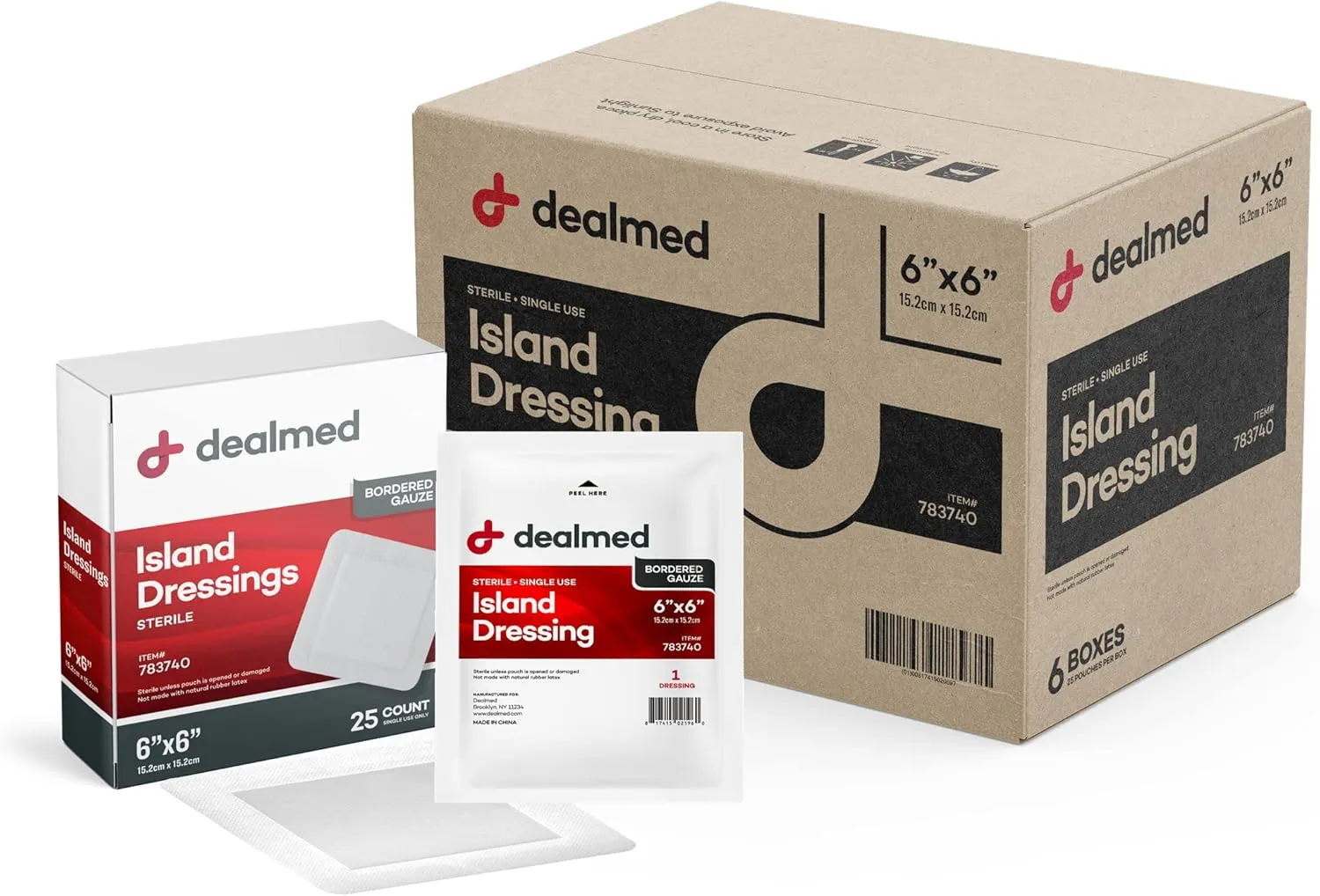 Dealmed Sterile Bordered Gauze Island Dressings – 150 Count, 6" x 6" Gauze Pads, Disposable, Latex-Free, Adhesive Borders with Non-Stick Pads, Wound Dressing for First Aid Kit and Medical Facilities