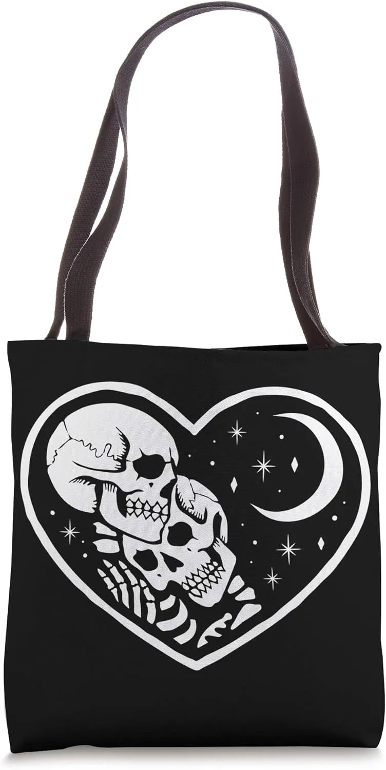 Death Positive Skeleton Lovers in Heart Shape With Moon Tote Bag