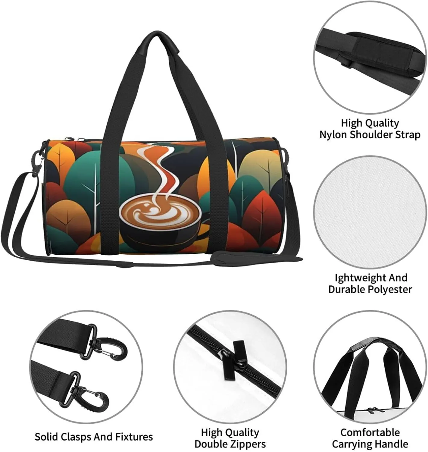 Delicious Coffee Printed Travel Bag,Round Personal Item Storage bag,Foldie Duffel Bag for Traveling Vacation,Fitness,Sports