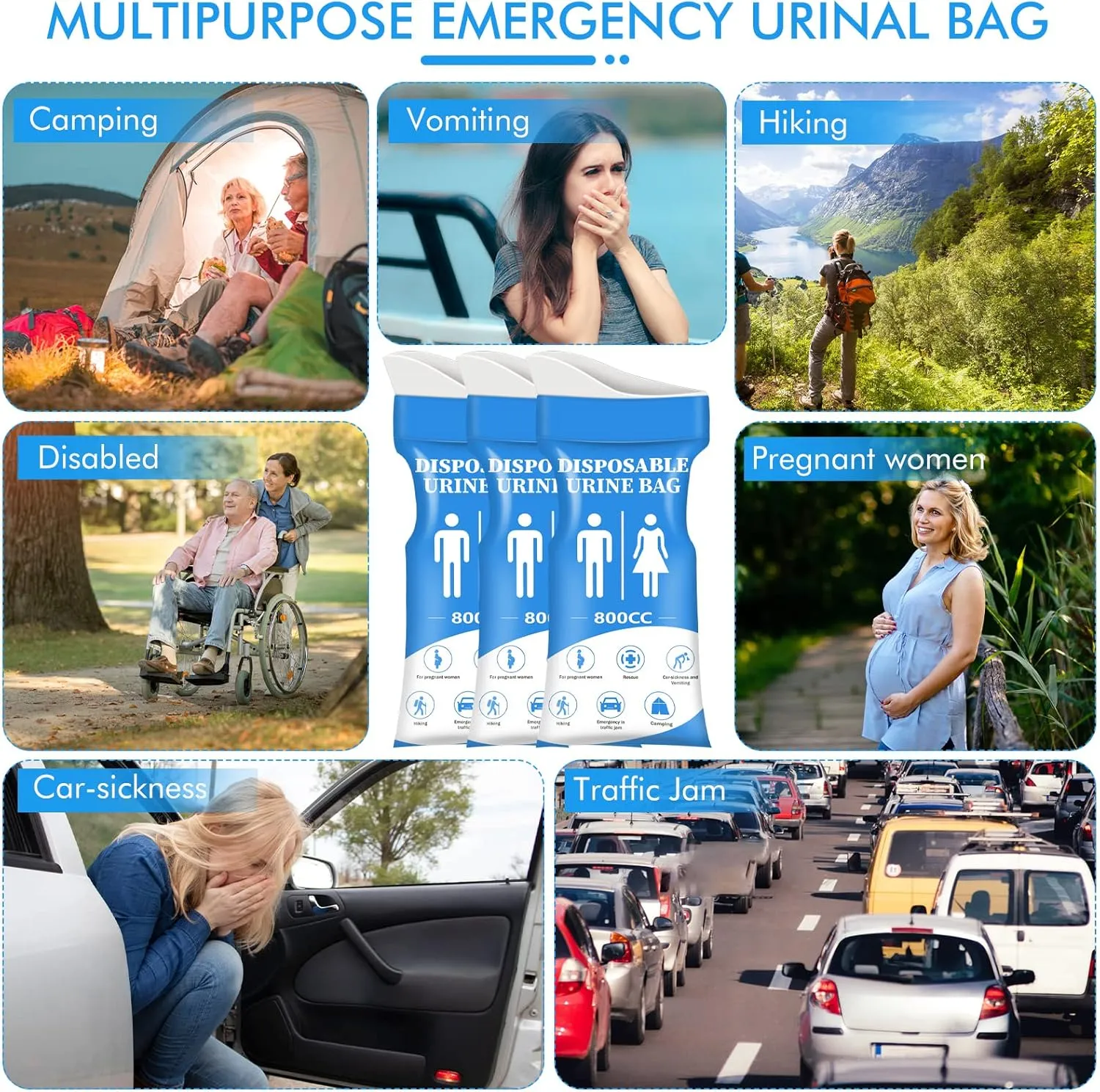 DIBBATU Disposable Urine Bag, 12/24 PCS Pee Bags for Travel for Women/Men, 800ML Emergency Portable Urinal Bag and Vomit Bags, Unisex Urinal Bag for Camping, Traffic Jams, Pregnant, Patient, Kids