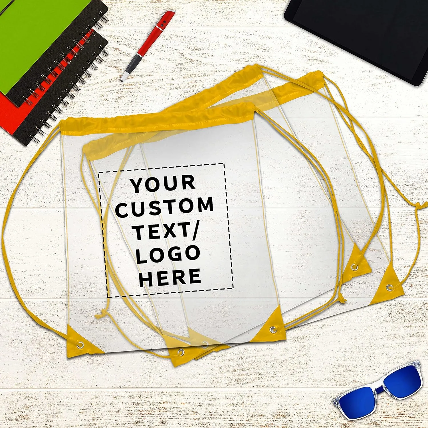 DISCOUNT PROMOS Custom Plastic Drawstring Backpacks Set of 50, Personalized Bulk Pack - Multi-Functional, Drawstring, Perfect for Travel, Gym, and More - Yellow