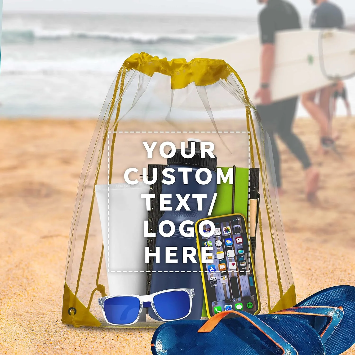 DISCOUNT PROMOS Custom Plastic Drawstring Backpacks Set of 50, Personalized Bulk Pack - Multi-Functional, Drawstring, Perfect for Travel, Gym, and More - Yellow