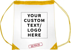 DISCOUNT PROMOS Custom Plastic Drawstring Backpacks Set of 50, Personalized Bulk Pack - Multi-Functional, Drawstring, Perfect for Travel, Gym, and More - Yellow