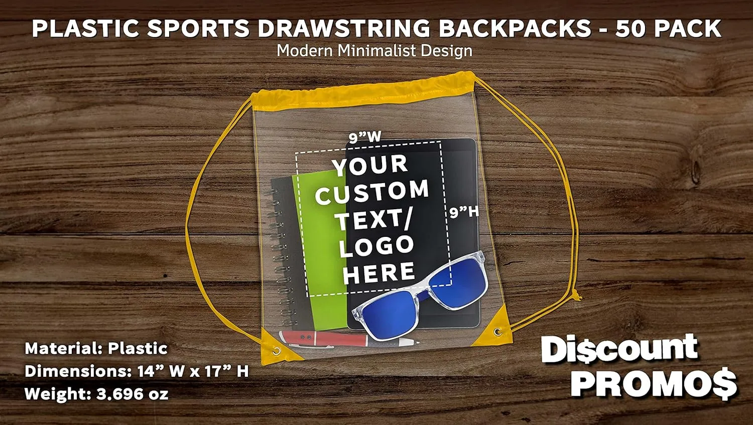 DISCOUNT PROMOS Custom Plastic Drawstring Backpacks Set of 50, Personalized Bulk Pack - Multi-Functional, Drawstring, Perfect for Travel, Gym, and More - Yellow