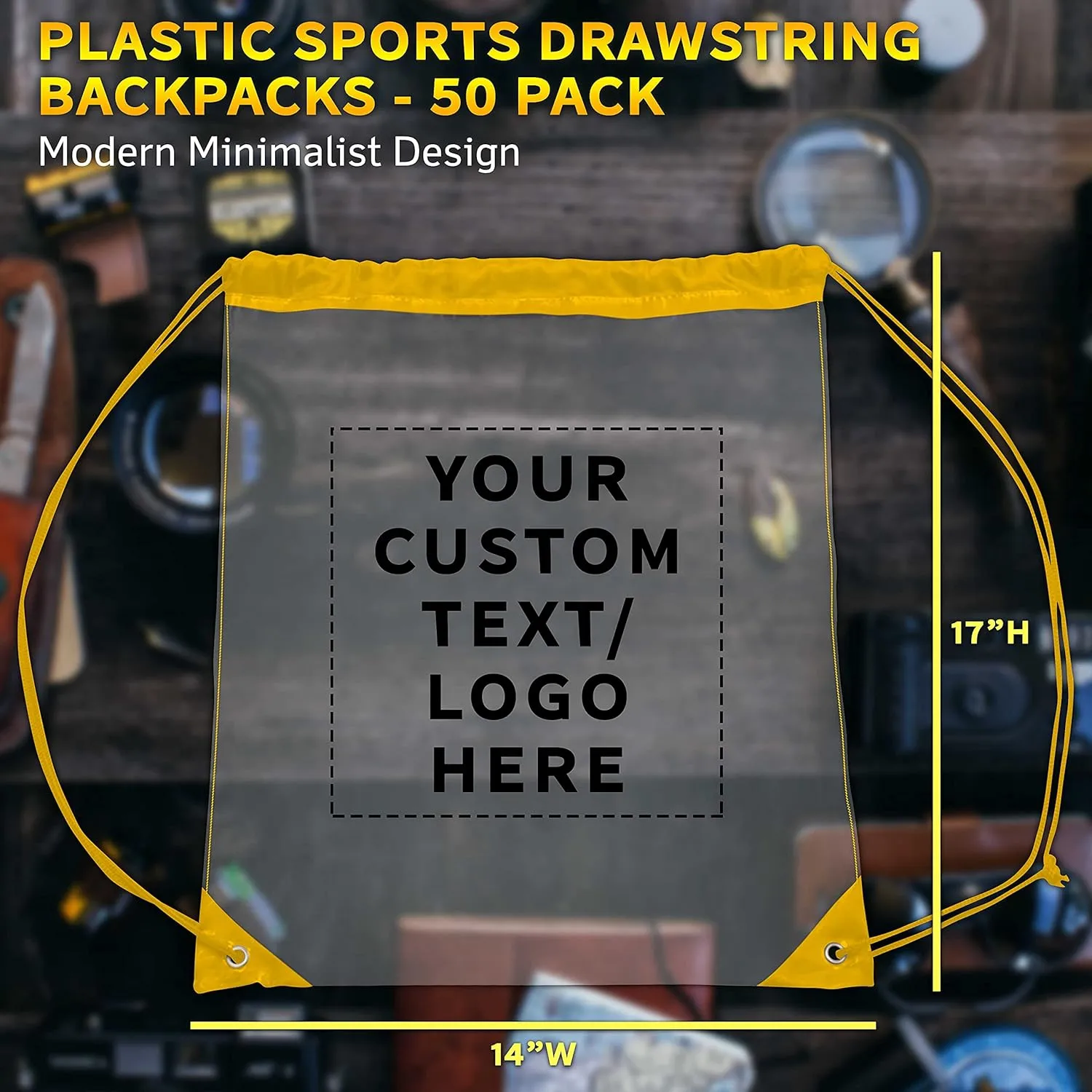 DISCOUNT PROMOS Custom Plastic Drawstring Backpacks Set of 50, Personalized Bulk Pack - Multi-Functional, Drawstring, Perfect for Travel, Gym, and More - Yellow