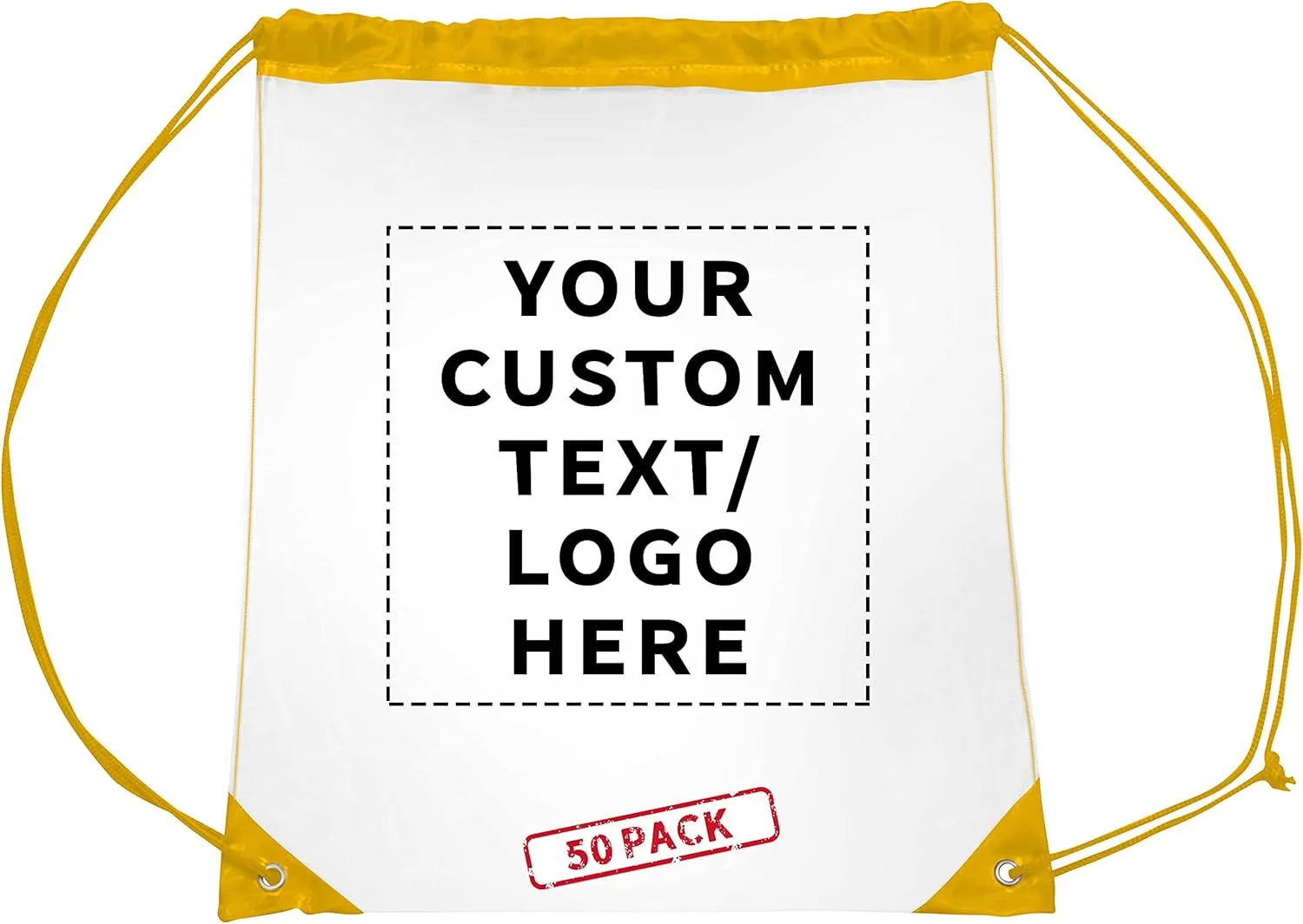 DISCOUNT PROMOS Custom Plastic Drawstring Backpacks Set of 50, Personalized Bulk Pack - Multi-Functional, Drawstring, Perfect for Travel, Gym, and More - Yellow