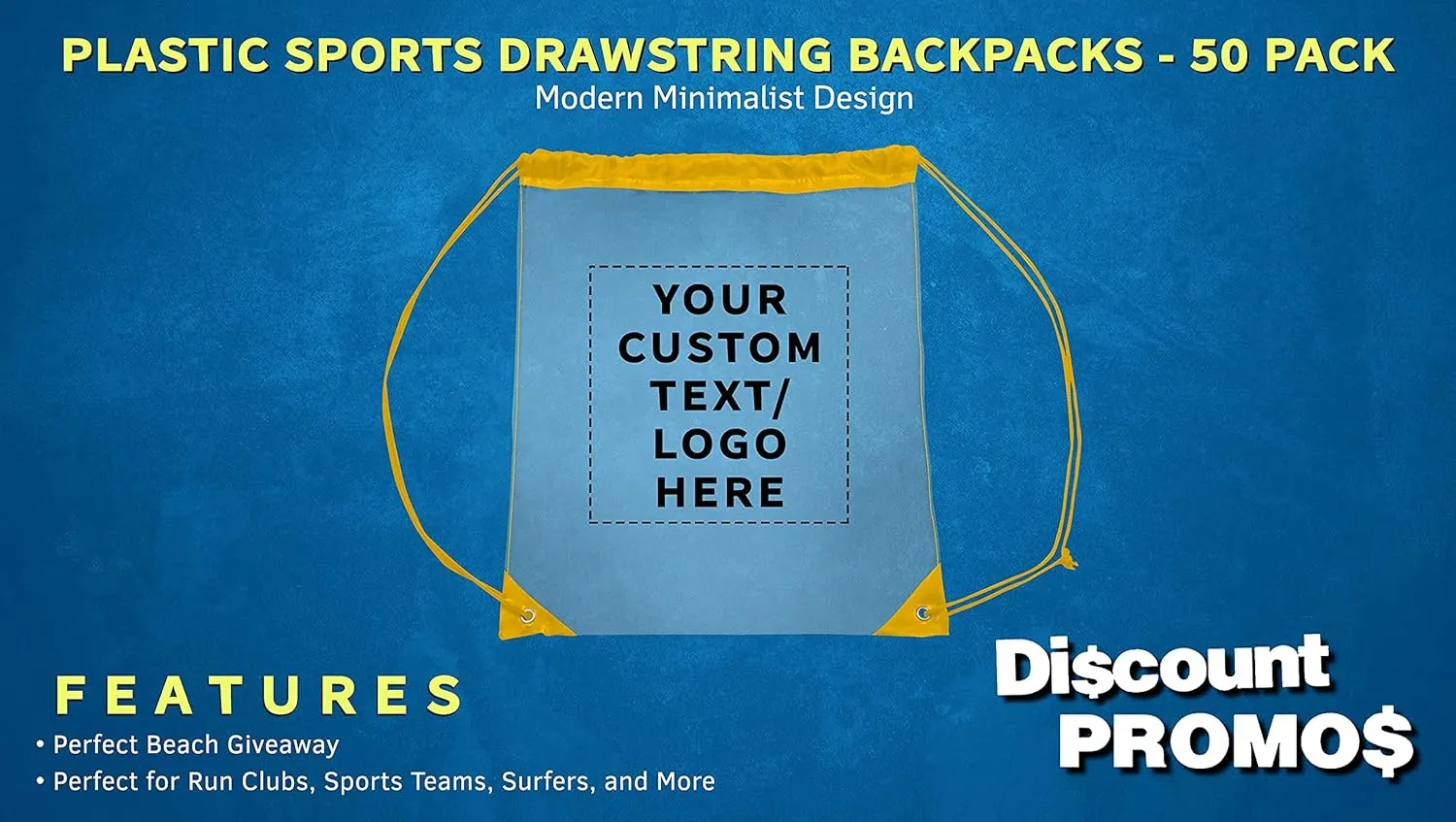 DISCOUNT PROMOS Custom Plastic Drawstring Backpacks Set of 50, Personalized Bulk Pack - Multi-Functional, Drawstring, Perfect for Travel, Gym, and More - Yellow