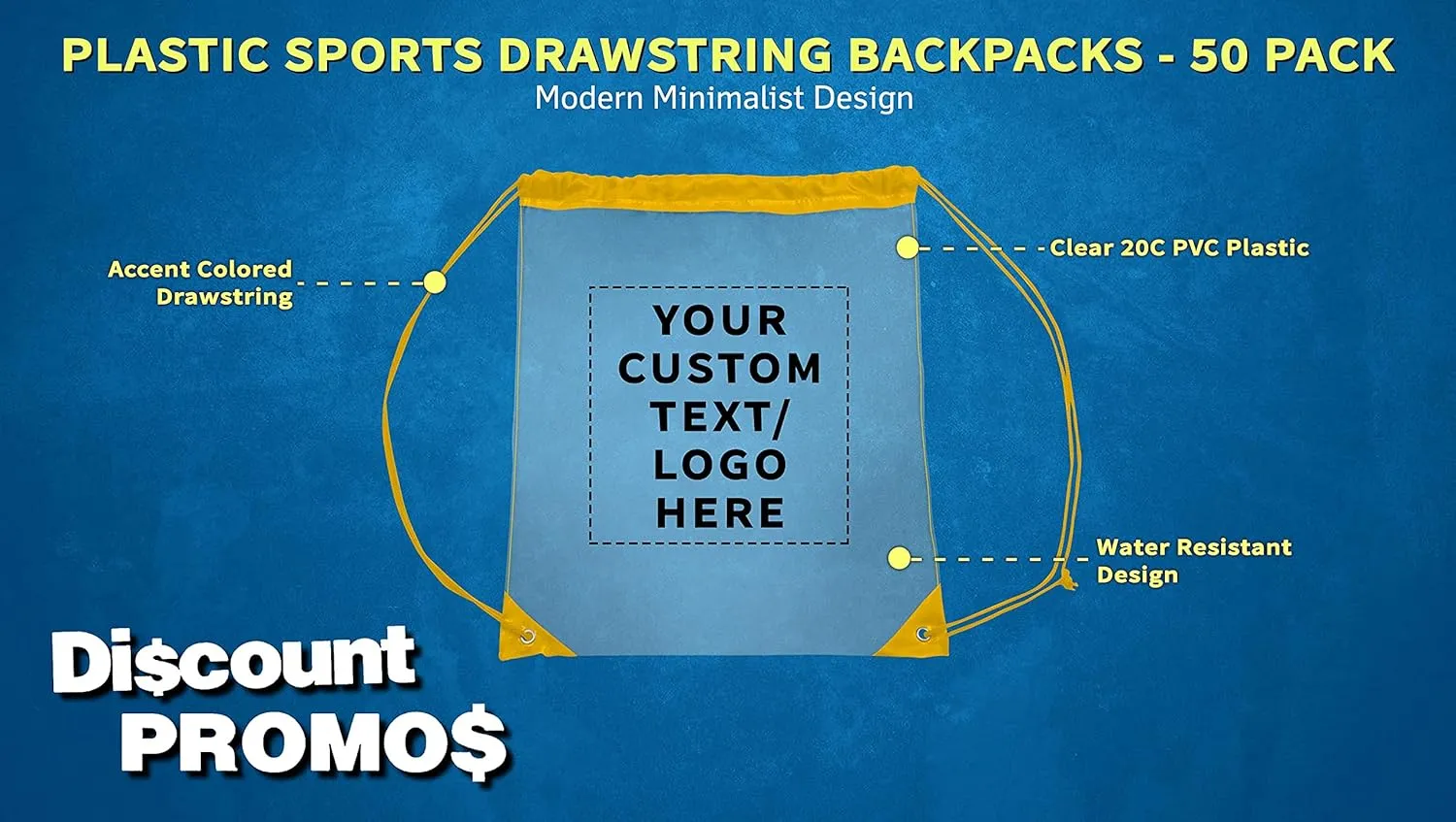DISCOUNT PROMOS Custom Plastic Drawstring Backpacks Set of 50, Personalized Bulk Pack - Multi-Functional, Drawstring, Perfect for Travel, Gym, and More - Yellow