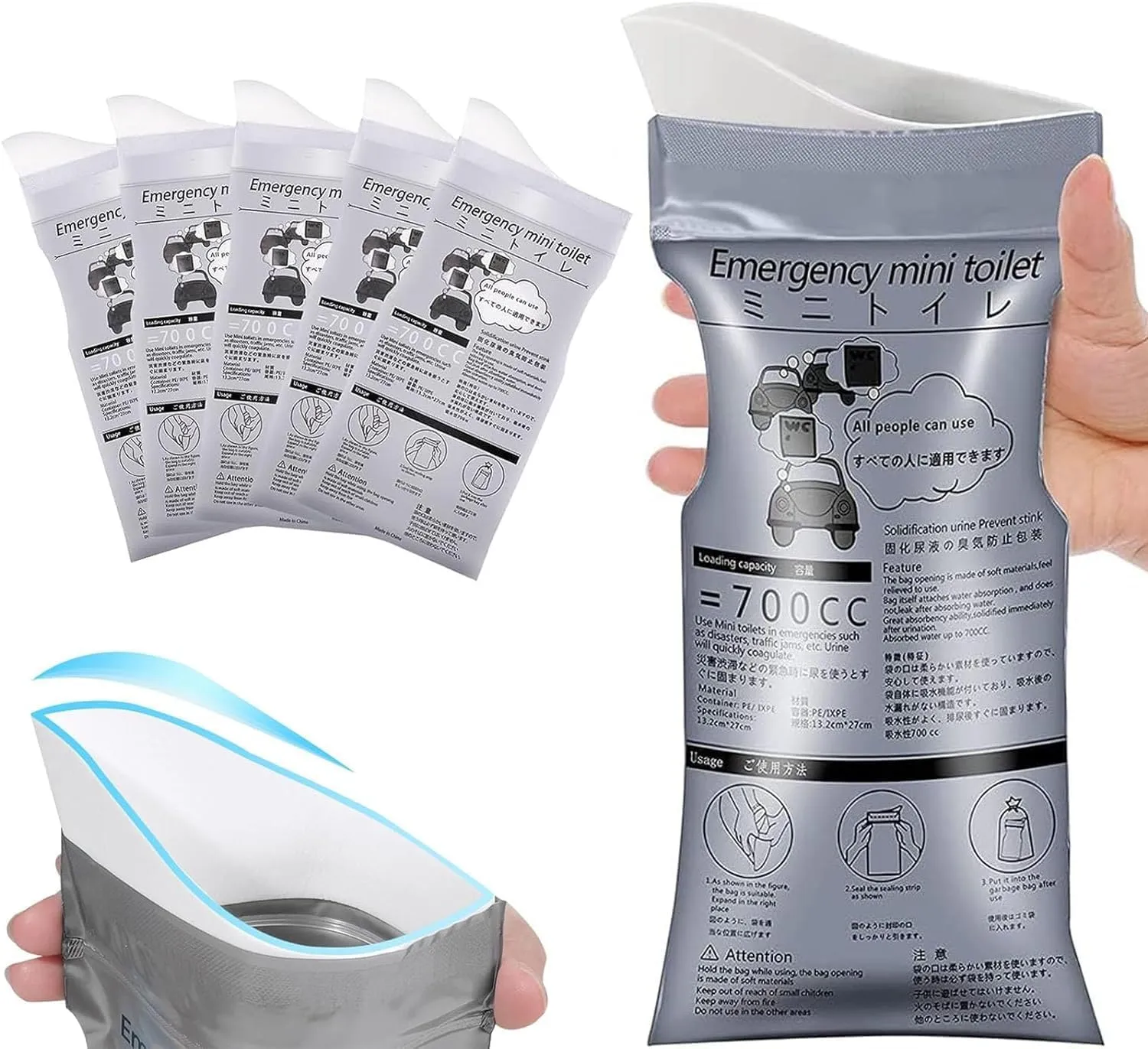 Disposable Urine Bags for Travel, Portable Urinals for Car, Pee Bags for Men, Women and Kids, 700ml Gel Vomit Bags for Car Emergency, Camping, Car Toilet for Adults
