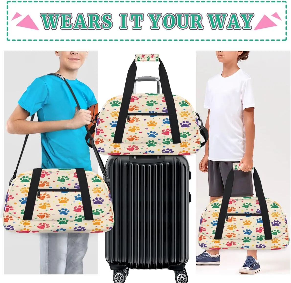 Dog Paw Kids Overnighter Duffel Bags for Boys, Carry-On Size Sports Gym Bag with Front Zipper Pocket for School Practice or Overnight Travel Weekender Sleepover Tote Bag