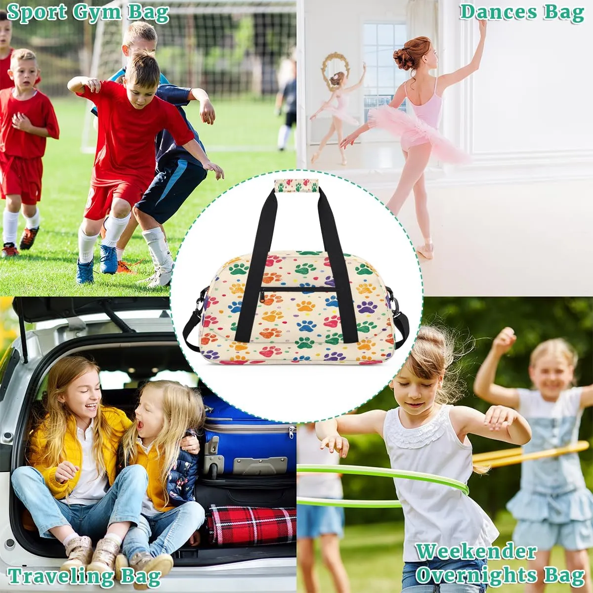 Dog Paw Kids Overnighter Duffel Bags for Boys, Carry-On Size Sports Gym Bag with Front Zipper Pocket for School Practice or Overnight Travel Weekender Sleepover Tote Bag