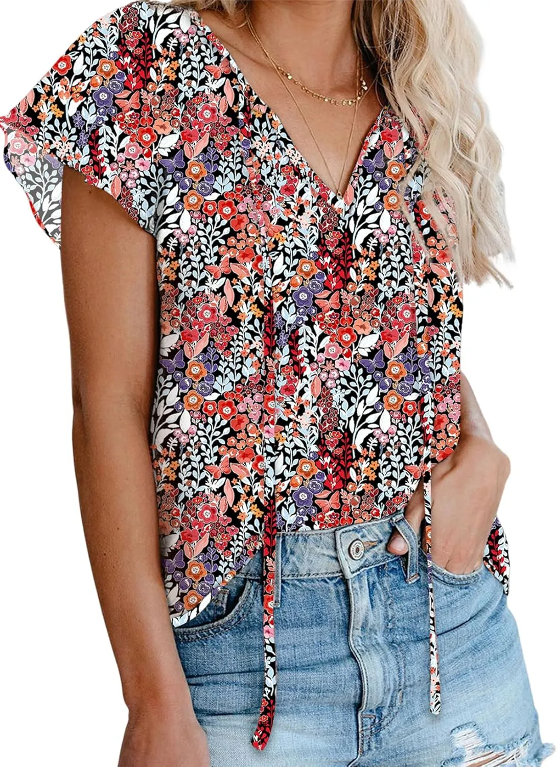 Dokotoo Women's Casual Boho Floral Printed V Neck Tops Drawstring Short Long Sleeve T Shirt Blouses