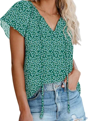 Dokotoo Women's Casual Boho Floral Printed V Neck Tops Drawstring Short Long Sleeve T Shirt Blouses