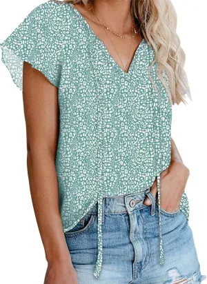 Dokotoo Women's Casual Boho Floral Printed V Neck Tops Drawstring Short Long Sleeve T Shirt Blouses