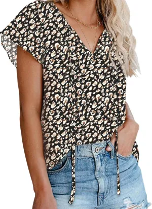 Dokotoo Women's Casual Boho Floral Printed V Neck Tops Drawstring Short Long Sleeve T Shirt Blouses