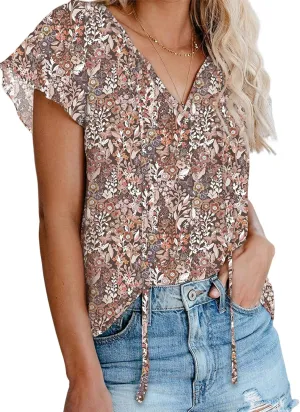 Dokotoo Women's Casual Boho Floral Printed V Neck Tops Drawstring Short Long Sleeve T Shirt Blouses