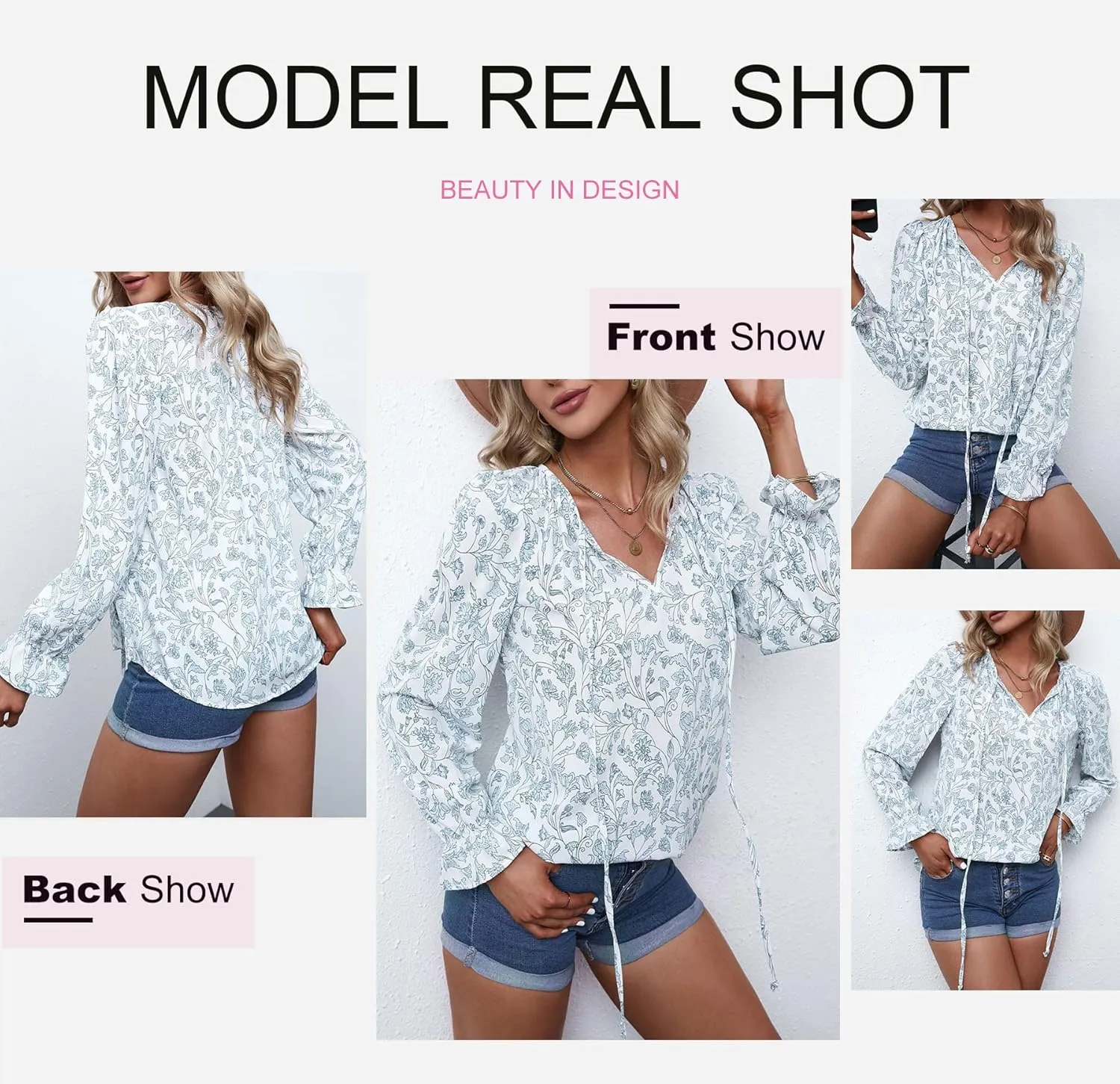 Dokotoo Women's Casual Boho Floral Printed V Neck Tops Drawstring Short Long Sleeve T Shirt Blouses