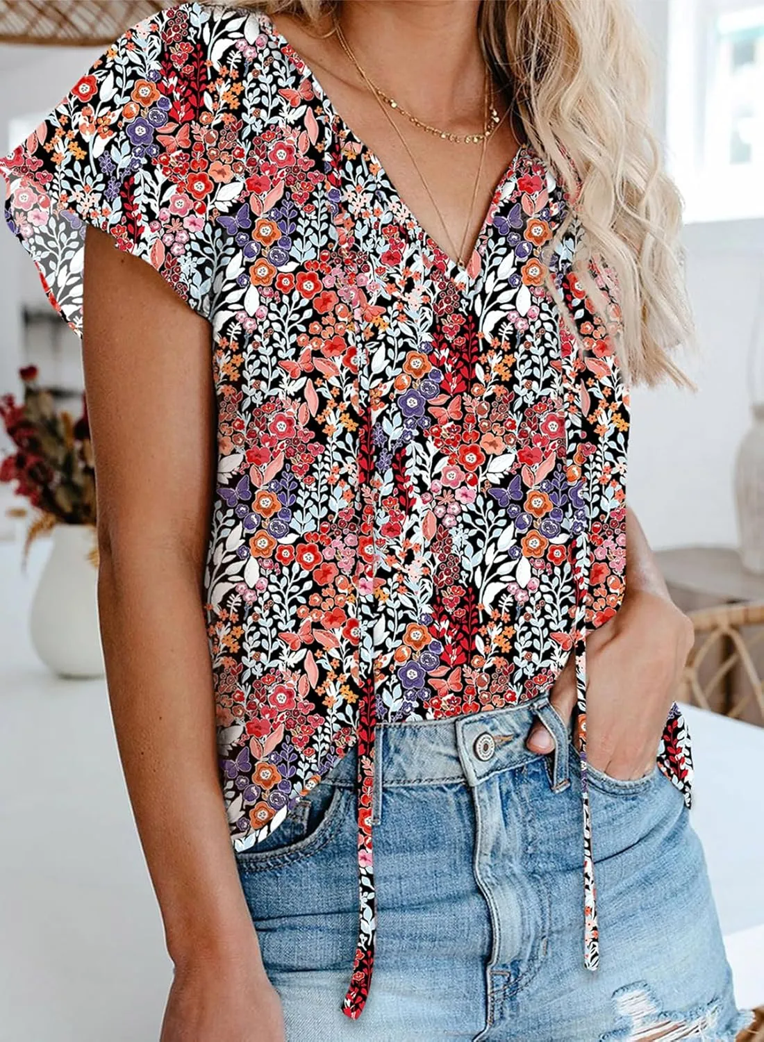 Dokotoo Women's Casual Boho Floral Printed V Neck Tops Drawstring Short Long Sleeve T Shirt Blouses